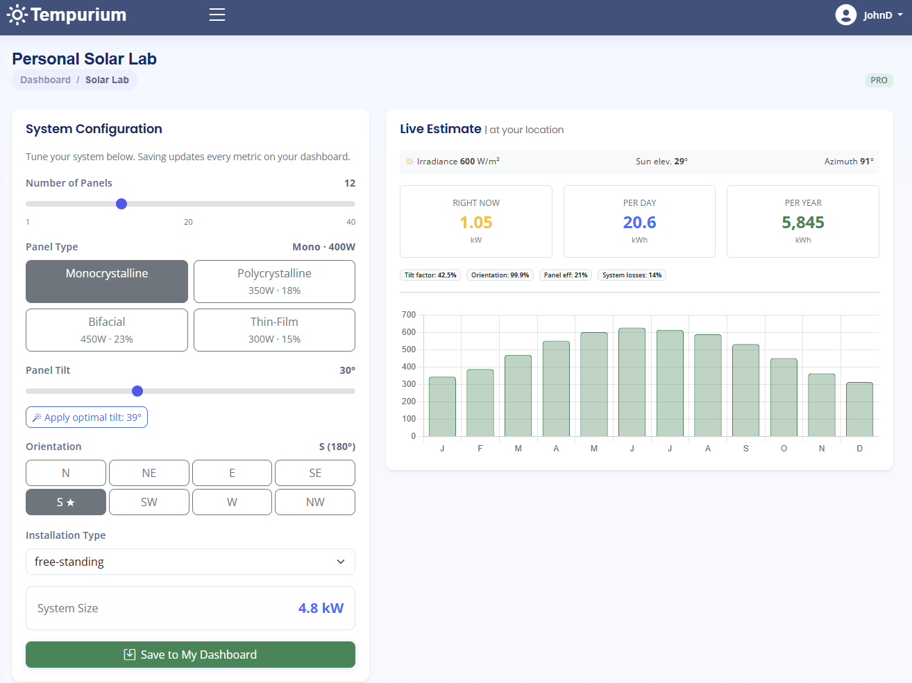 Tempurium Personal Solar Lab with system configuration sliders and live estimate